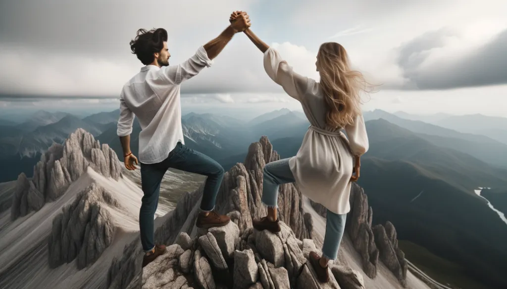 successful couple standing triumphantly at the top of a mountain