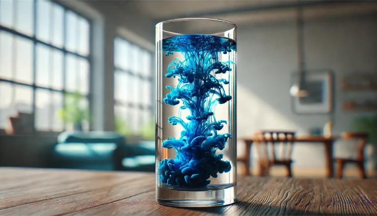 methylene blue dispersing in a tall glass of water